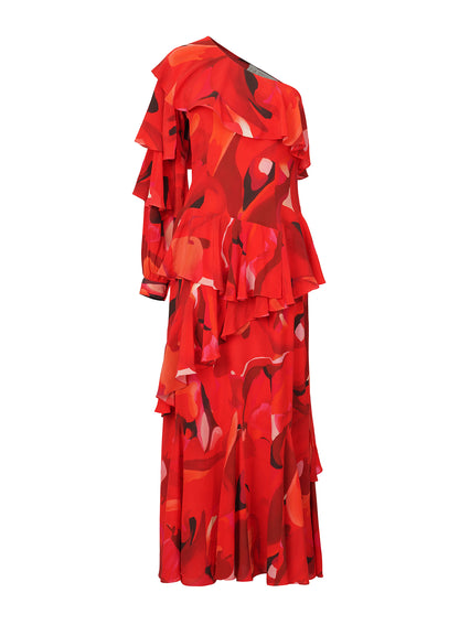 LA FUORI Ruffled asymmetric maxi dress - Rouge