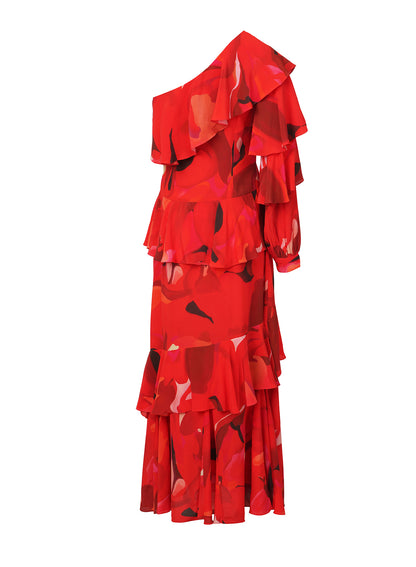 LA FUORI Ruffled asymmetric maxi dress - Rouge