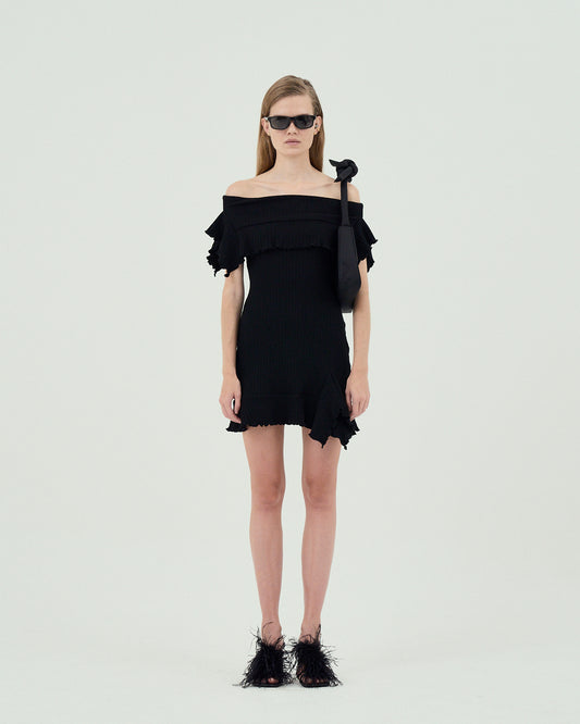 GOEN.J  Off-the-shoulder ruffle-trim ribbed cotton mini dress - Black