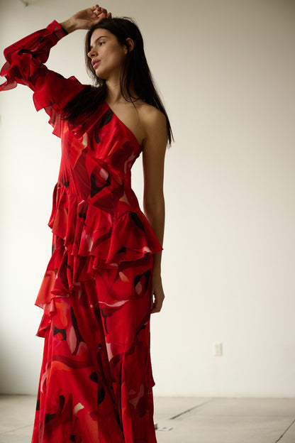 LA FUORI Ruffled asymmetric maxi dress - Rouge