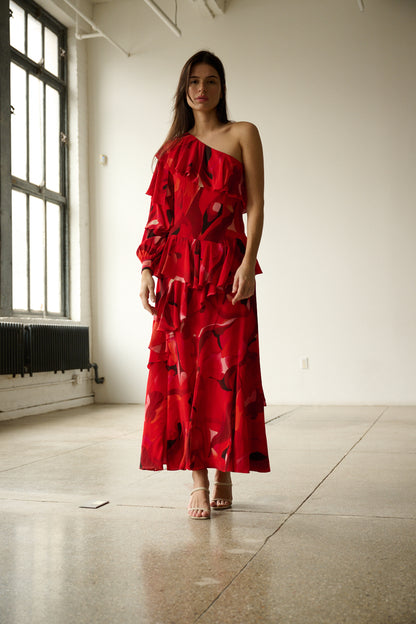 LA FUORI Ruffled asymmetric maxi dress - Rouge