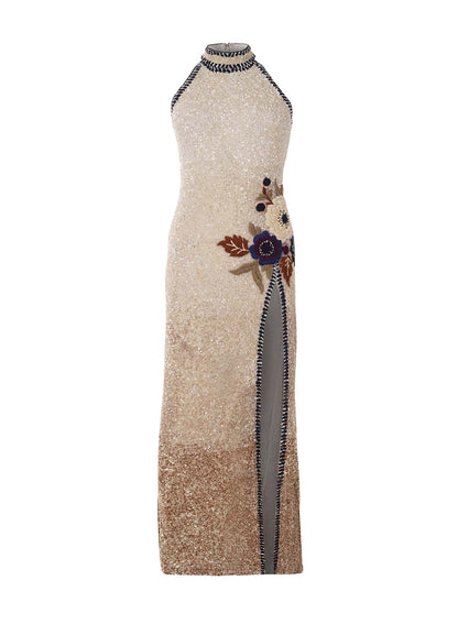 LA FUORI Anayn beaded high neck gown - Champagne