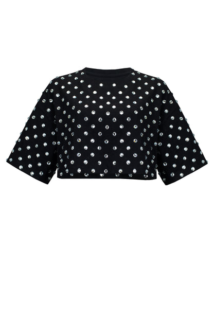 SANTA Cropped T-shirt with Crystals - Black