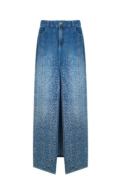 SANTA Denim Maxi Skirt with Slit - Blue front