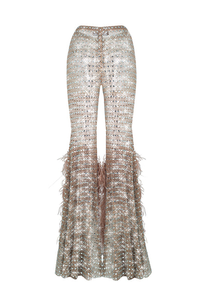 SANTA Flared Mesh Pants wit Feathers - Beige