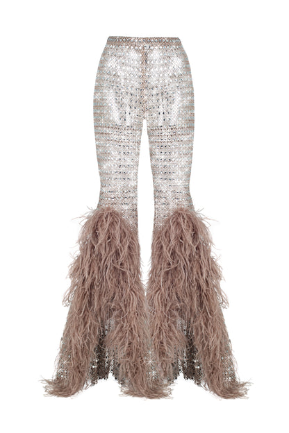 SANTA Flared Mesh Pants wit Feathers - Beige