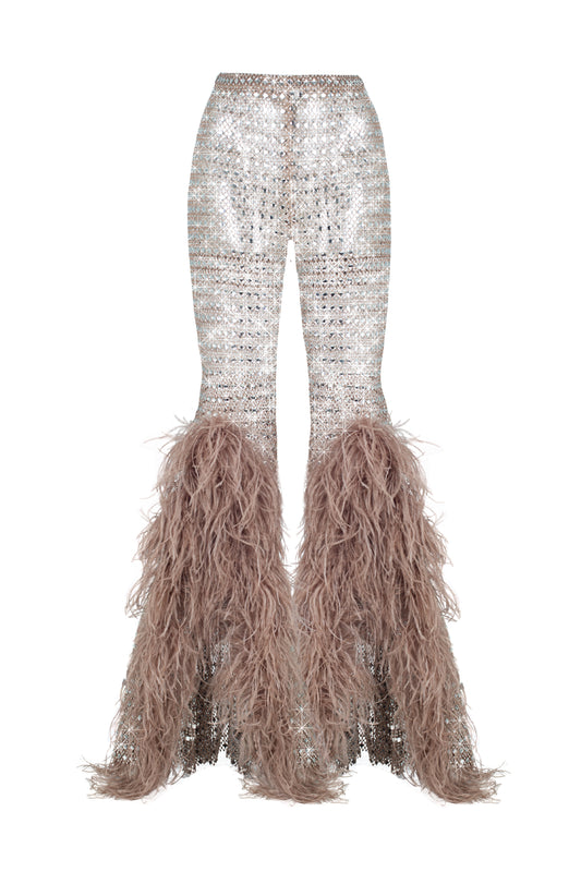 SANTA Flared Mesh Pants wit Feathers - Beige