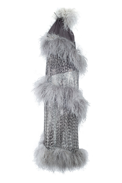 SANTA Maxi Dress with Spiral Feathers - Silver