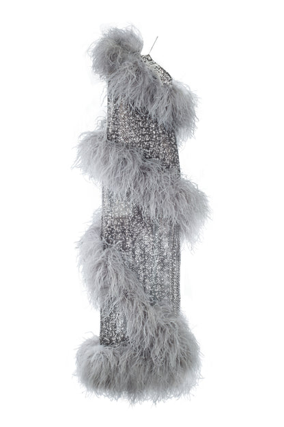 SANTA Maxi Dress with Spiral Feathers - Silver