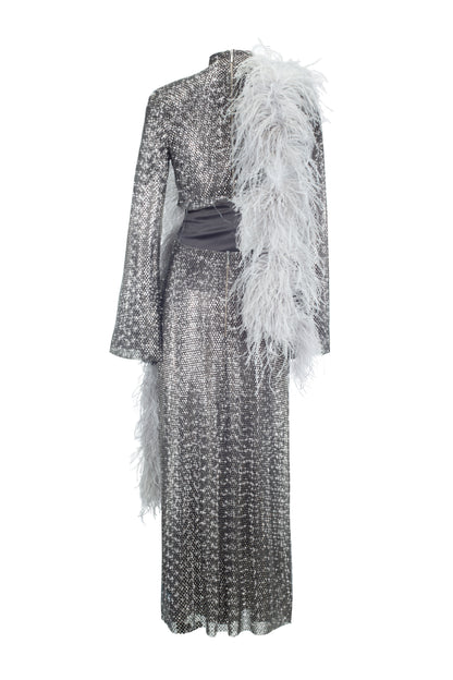 SANTA Midi Dress with Feathers and Slit - Silver