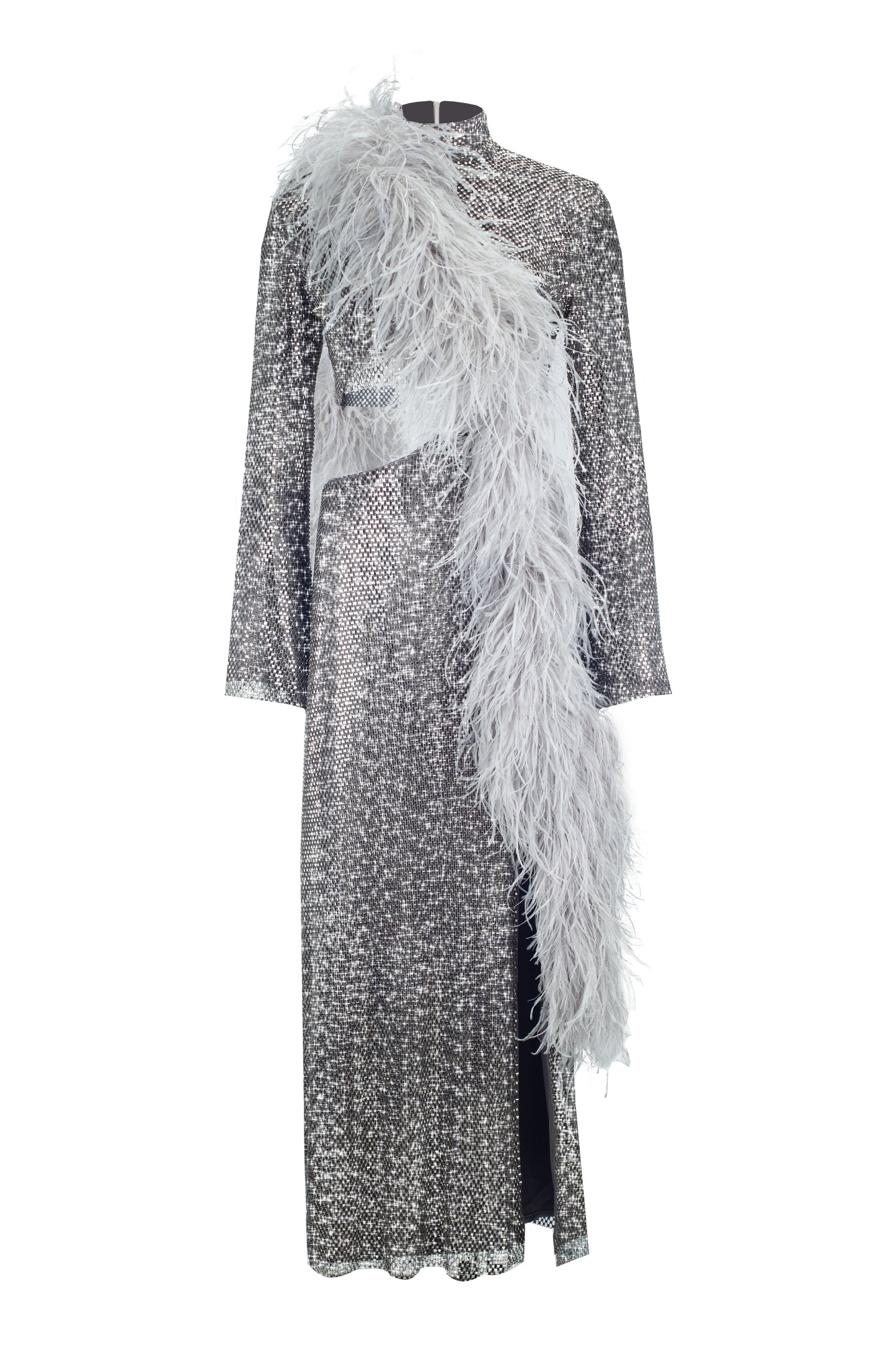 SANTA Midi Dress with Feathers and Slit - Silver