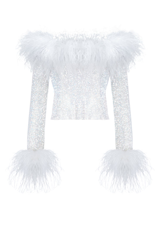 SANTA Sparkle Feathers Open Shoulders Top - White product image