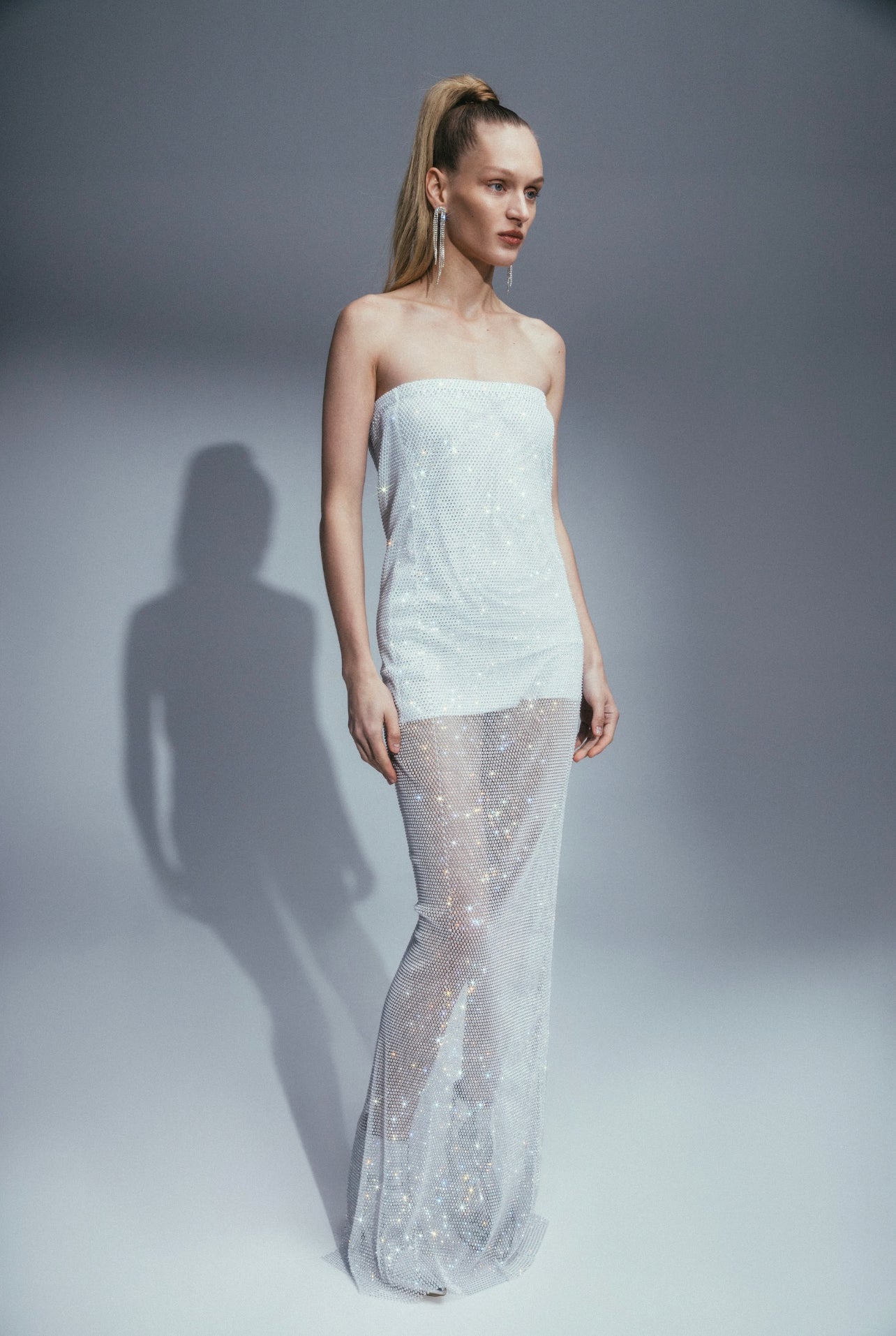 SANTA Sparkle Maxi Dress with Open Shoulders - White