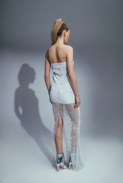 SANTA Sparkle Maxi Dress with Open Shoulders - White