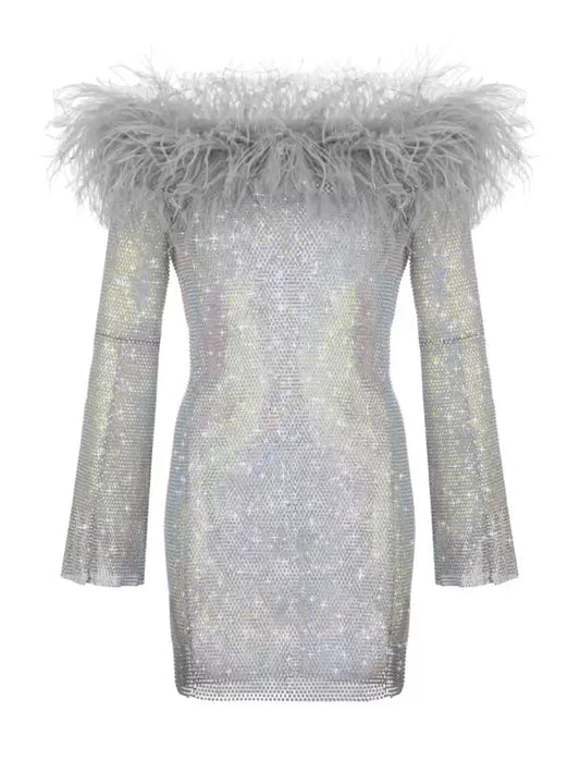 SANTA Sparkle Mini Feathers Dress with Open Shoulders - Grey