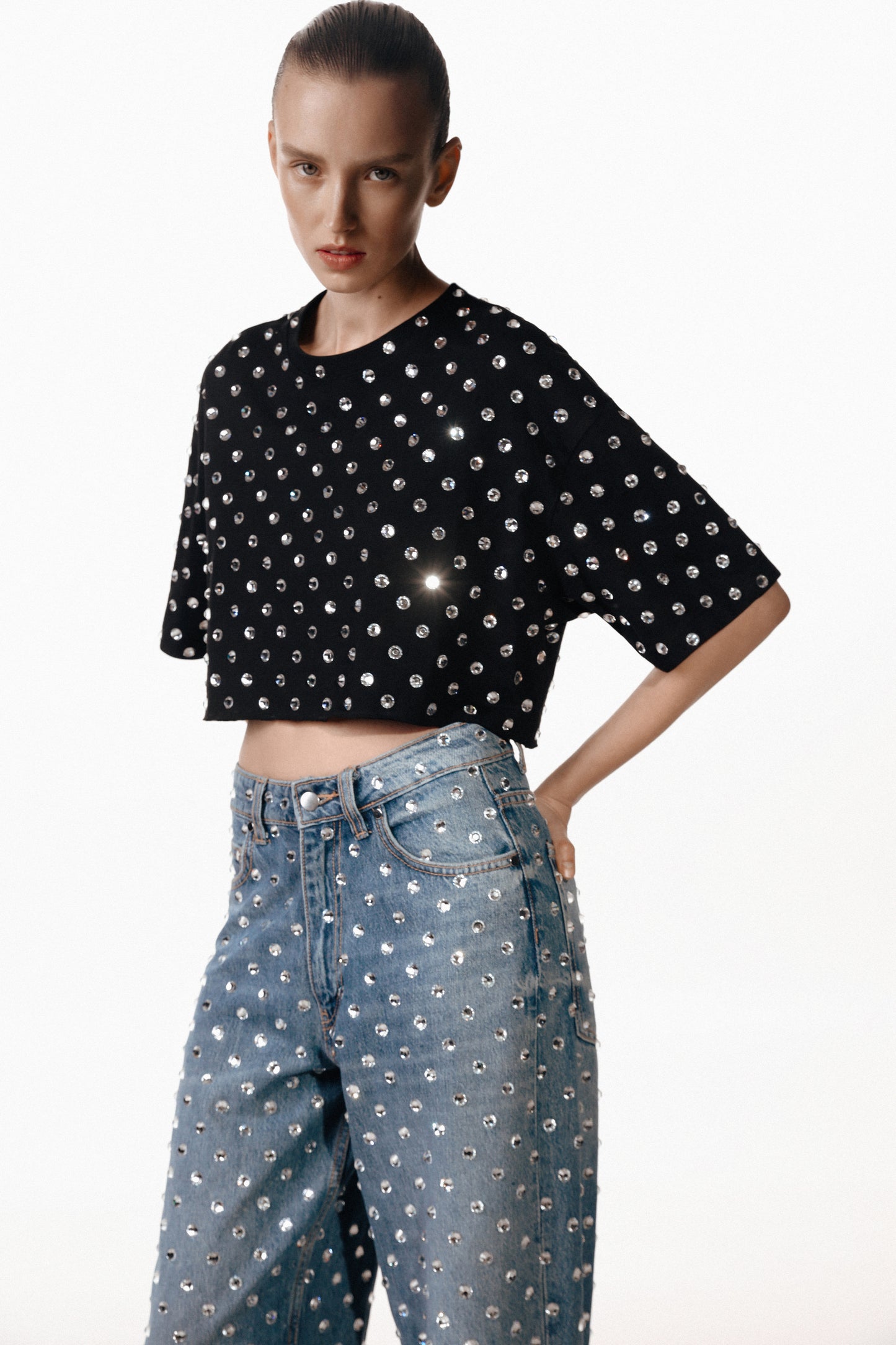 SANTA Cropped T-shirt with Crystals - Black