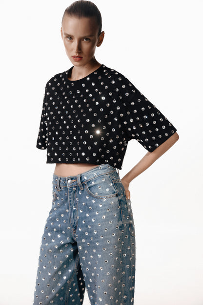 SANTA Cropped T-shirt with Crystals - Black