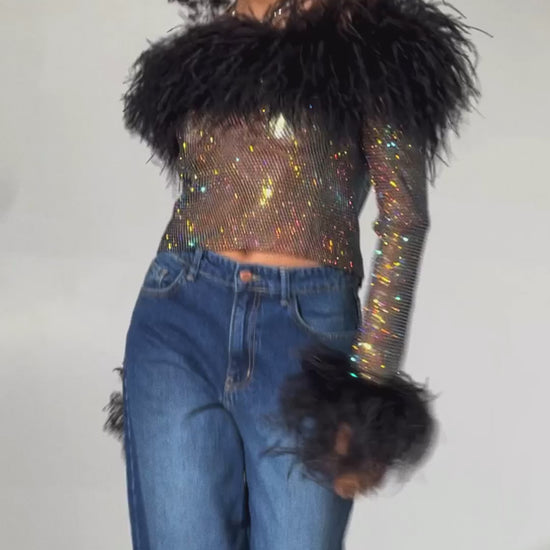 SANTA Sparkle Feathers Open Shoulders Top - Black video