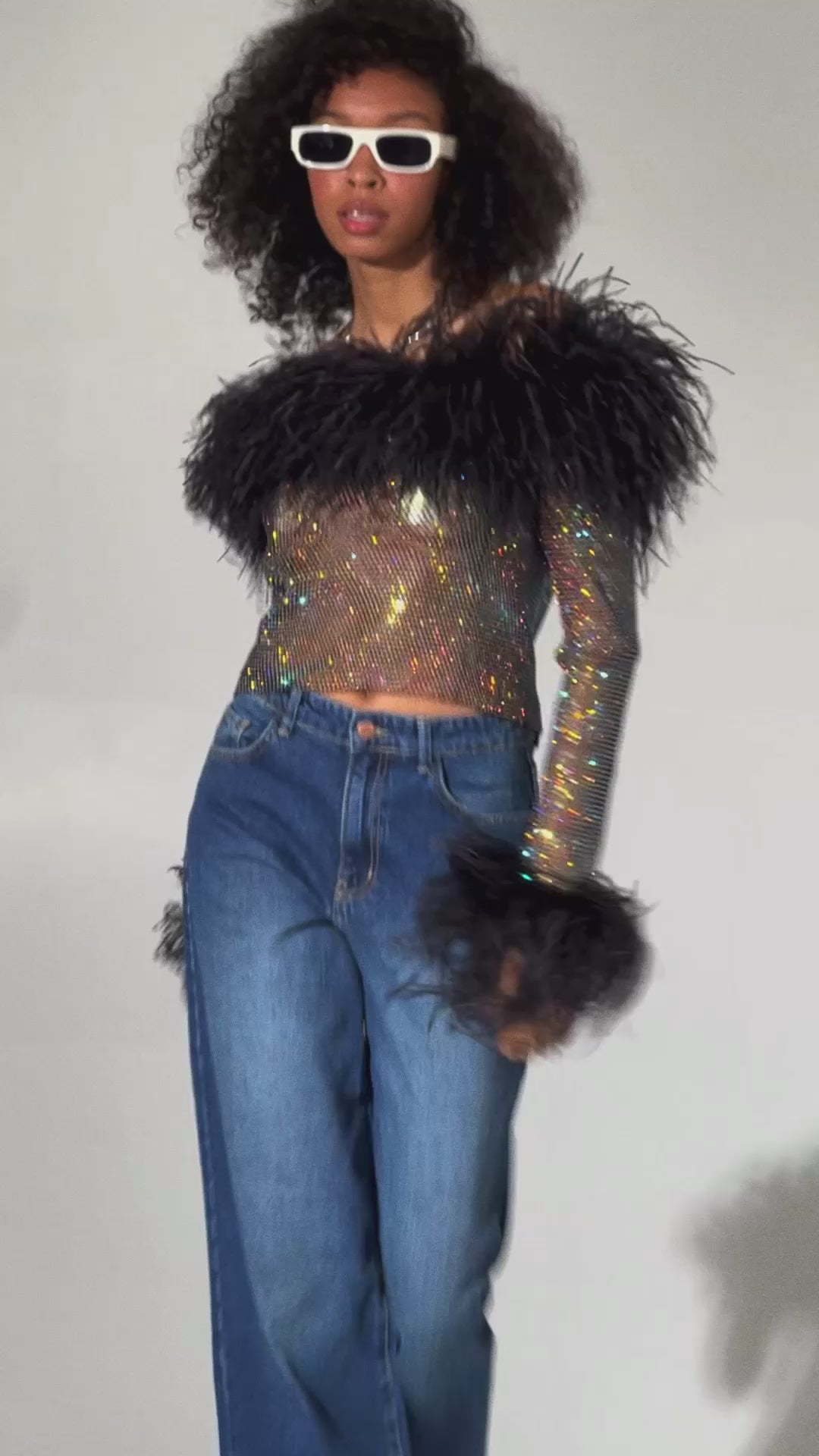 SANTA Sparkle Feathers Open Shoulders Top - Black video