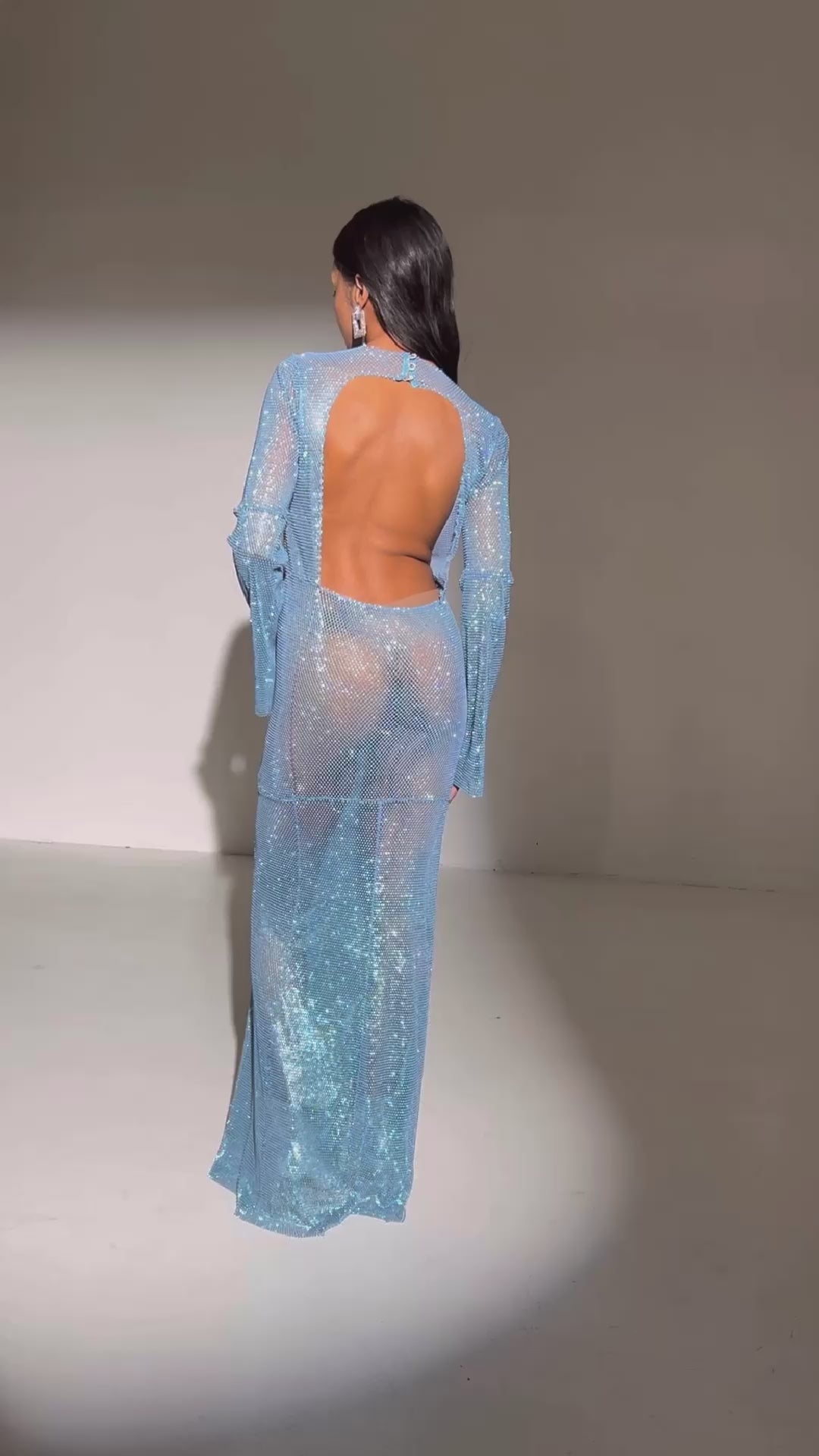 SANTA Crystal Maxi Flared Dress with Open Back - Light Blue video